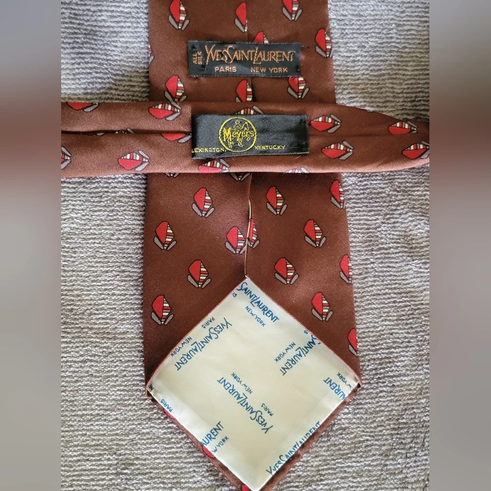 Vintage Yves Saint Laurent Brown Silk Scarf w/ Red and Gray Leaf Print LIKE NEW - Picture 6 of 6